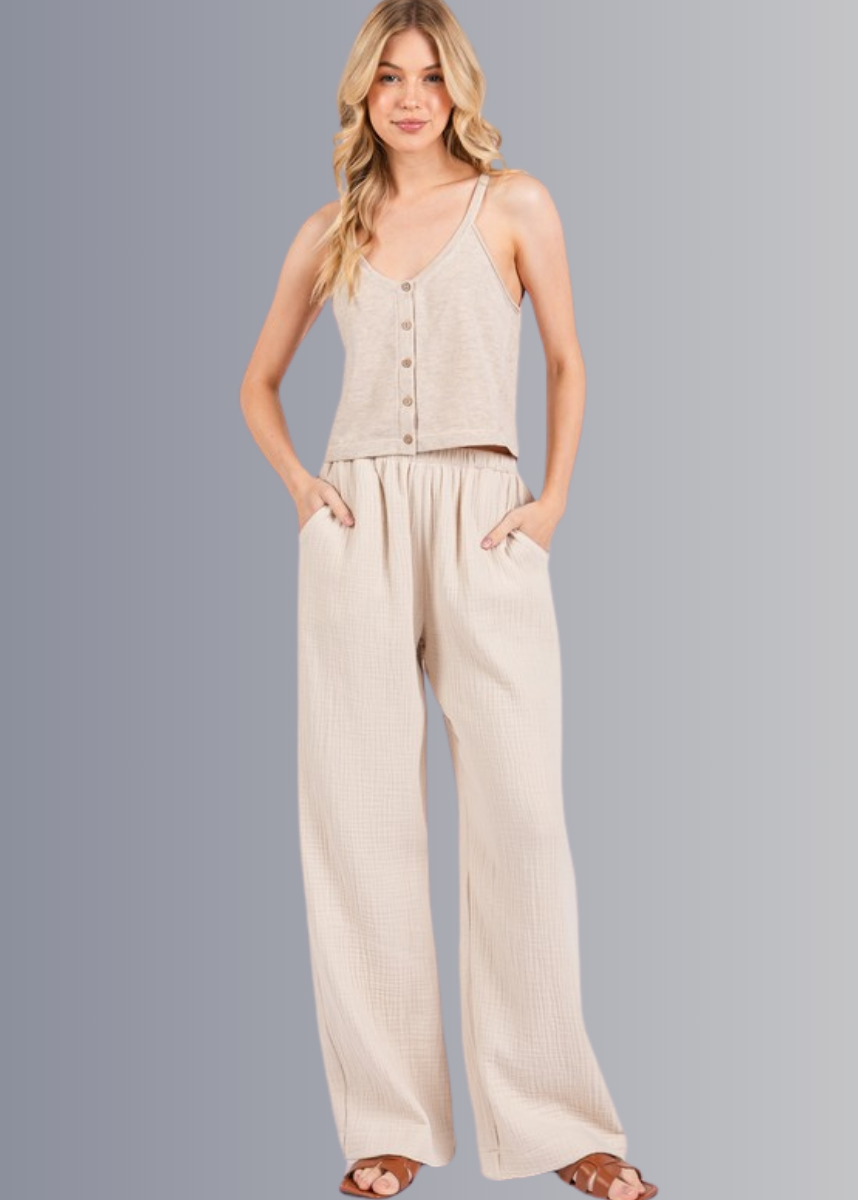 Made in USA Women's Cotton Triple Gauze Elastic Waist Wide Leg Pants with Pockets in Ecru Beige | 100% Cotton | Classy Cozy Cool Made in America Boutique