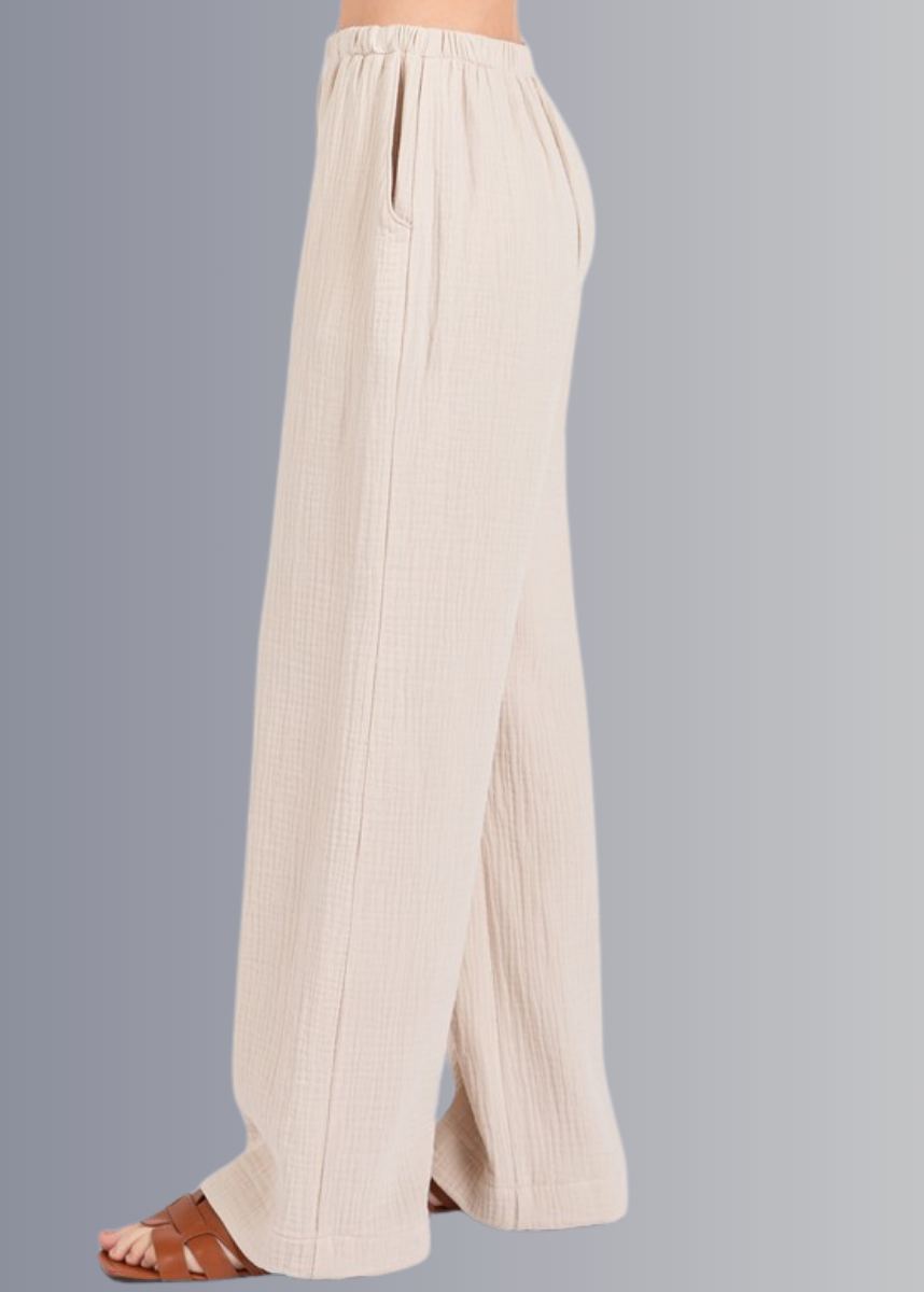 Made in USA Women's Cotton Triple Gauze Elastic Waist Wide Leg Pants with Pockets in Ecru Beige | 100% Cotton | Classy Cozy Cool Made in America Boutique