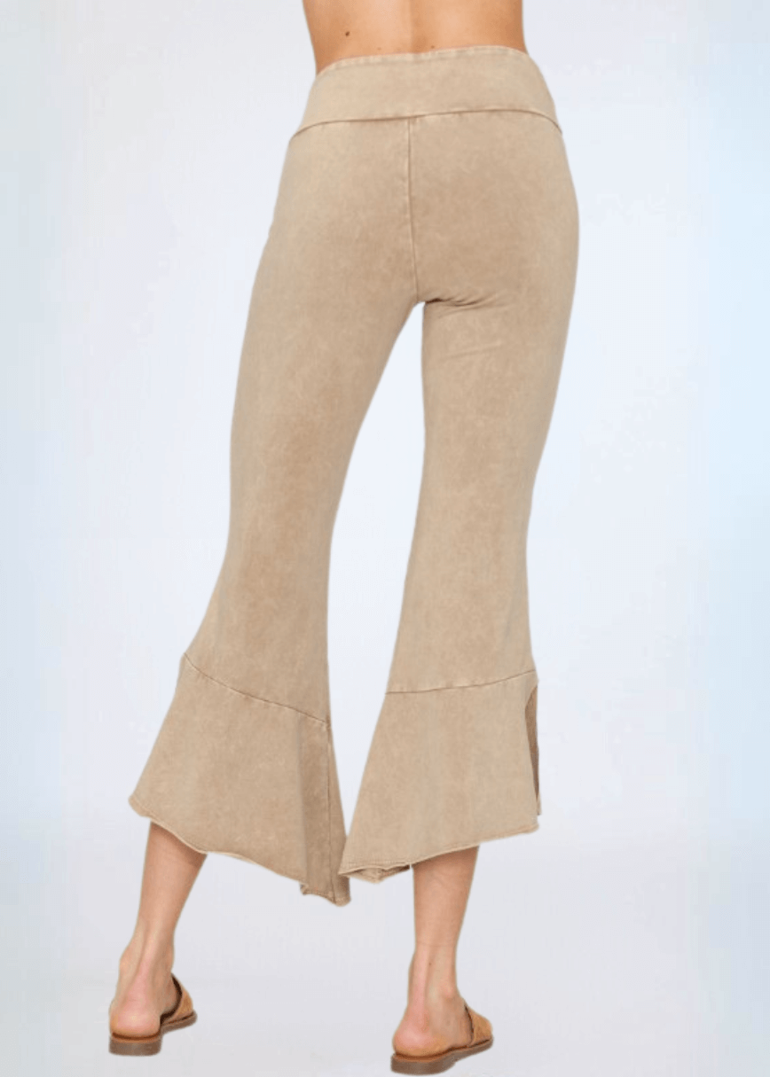 Women's Tulip Hem Capri Pants Made with American Grown Cotton Mid-Rise Raw Edge Hem Fitted in Mineral Washed Beige | Classy Cozy Cool Style C30723