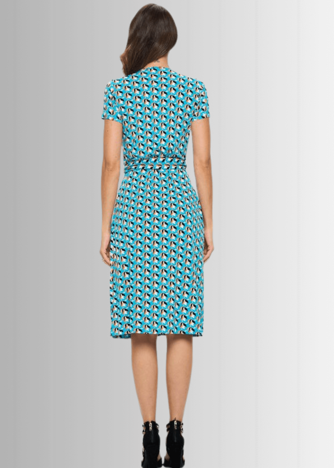 Ladies Aqua Blue Tulip Print Midi Jersey Wrap Dress | Renee C. Style