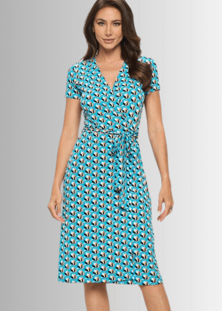 Ladies Aqua Blue Tulip Print Midi Jersey Wrap Dress | Renee C. Style