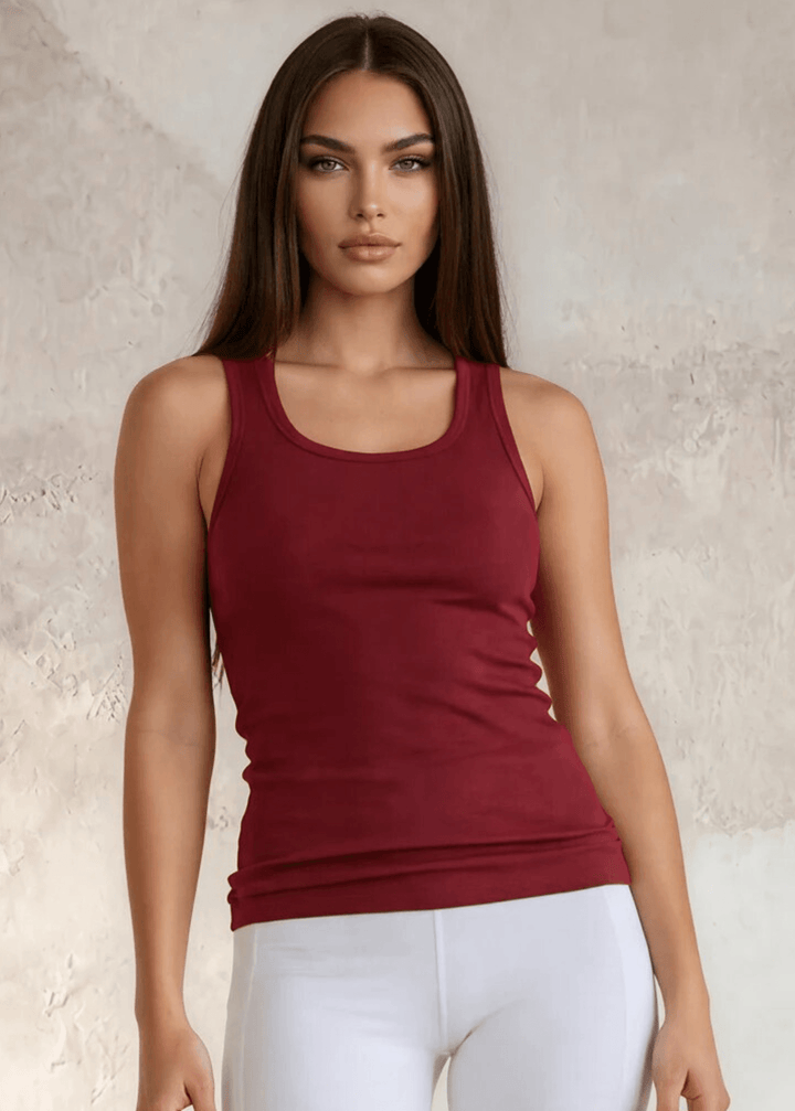 The Bra30 Tummy Tucker is an extra-long extra supportive racerback tank top that comfortably helps smooth out those unwanted lumps and bumps.  Dark Red Color , Made in USA
