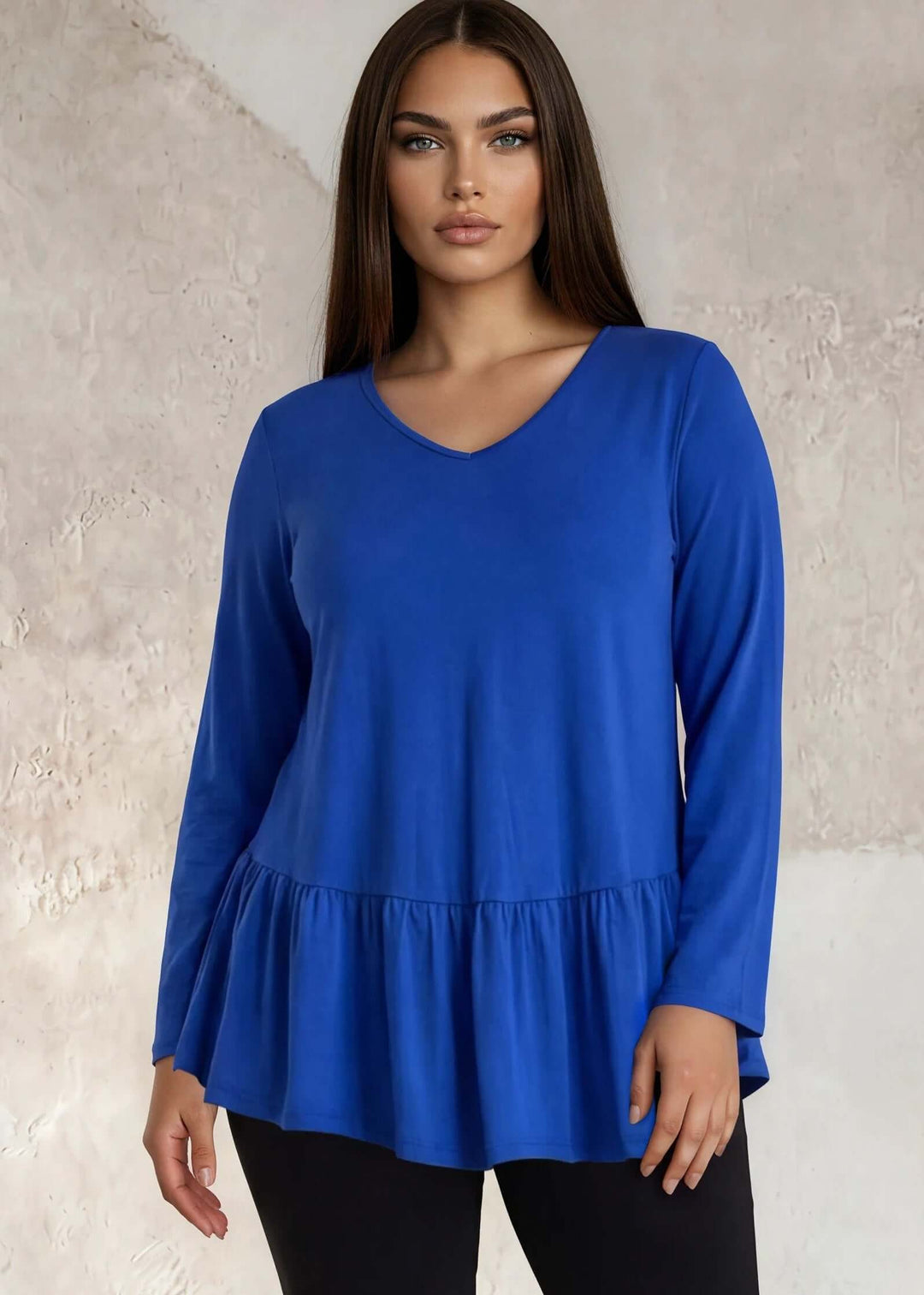 USA Made Full length Ladies Plus Size Classic Black Pull-On Bootcut Ponte Pants with Back Pockets Paired with Made in USA Women's Plus Size Royal Blue Flare Sleeve Tunic with Flounce Ruffle Hem, V-Neck, Lightweight and Flowy