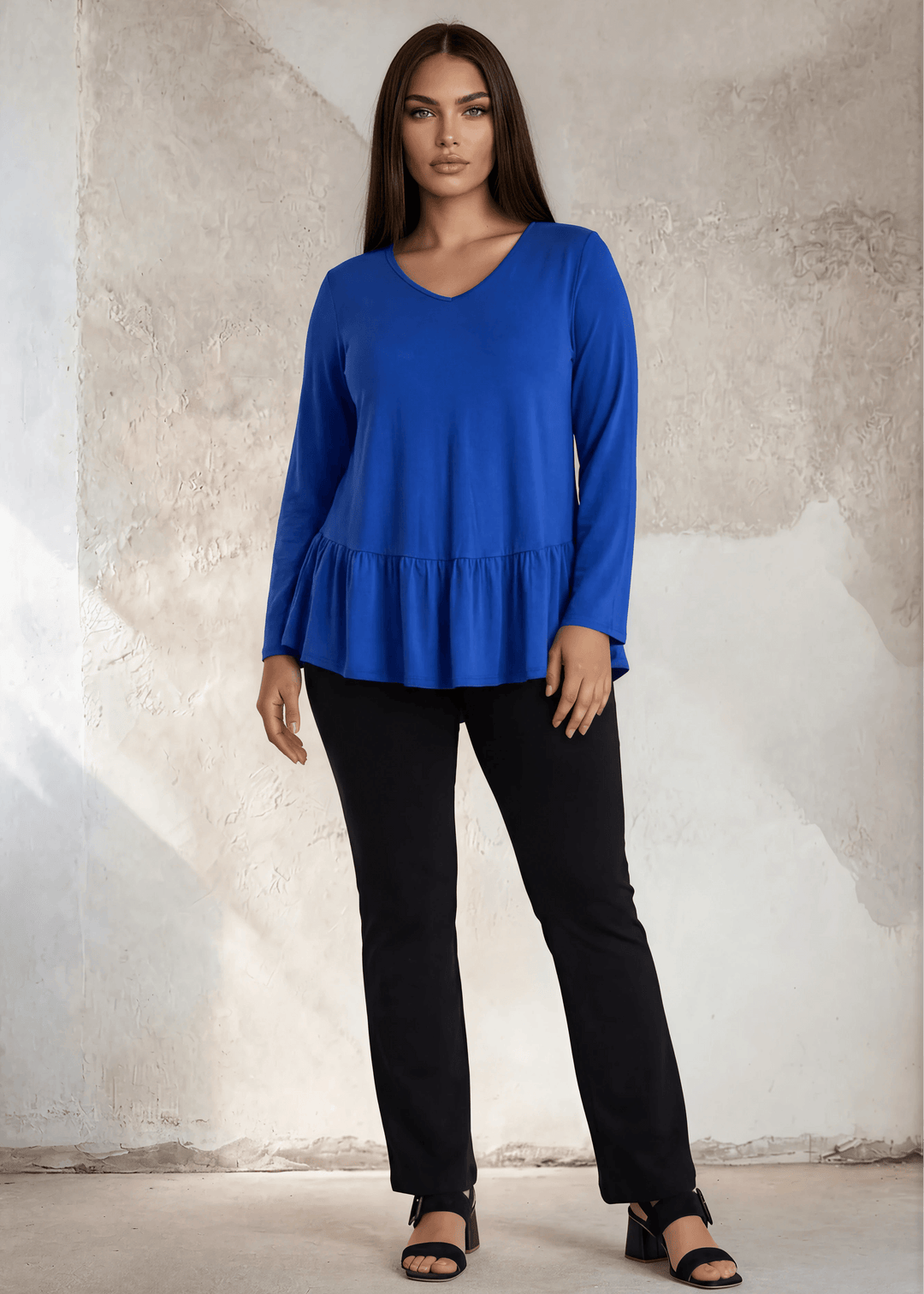 USA Made Full length Ladies Plus Size Classic Black Pull-On Bootcut Ponte Pants with Back Pockets Paired with Made in USA Women&