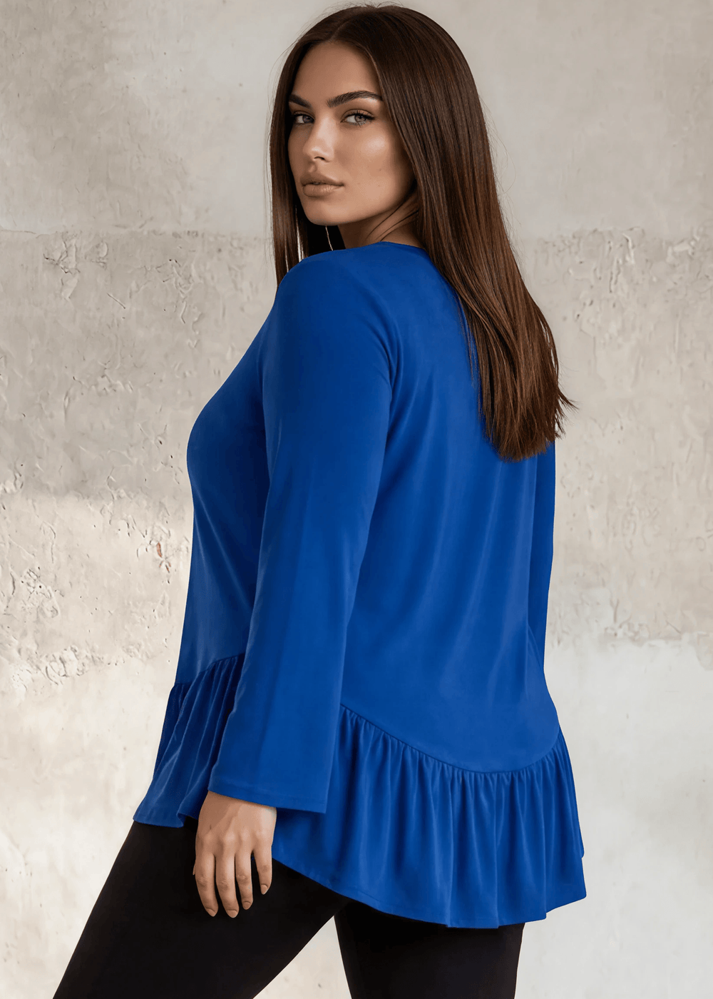 Made in USA Women's Royal Blue Flare Sleeve Tunic with Flounce Ruffle Hem, V-Neck, Lightweight and Flowy, Super Soft, 95% Rayon, 5% Spandex Machine Wash, Tumble Dry Low Style C11316 | Classy Cozy Cool Made in USA Boutique