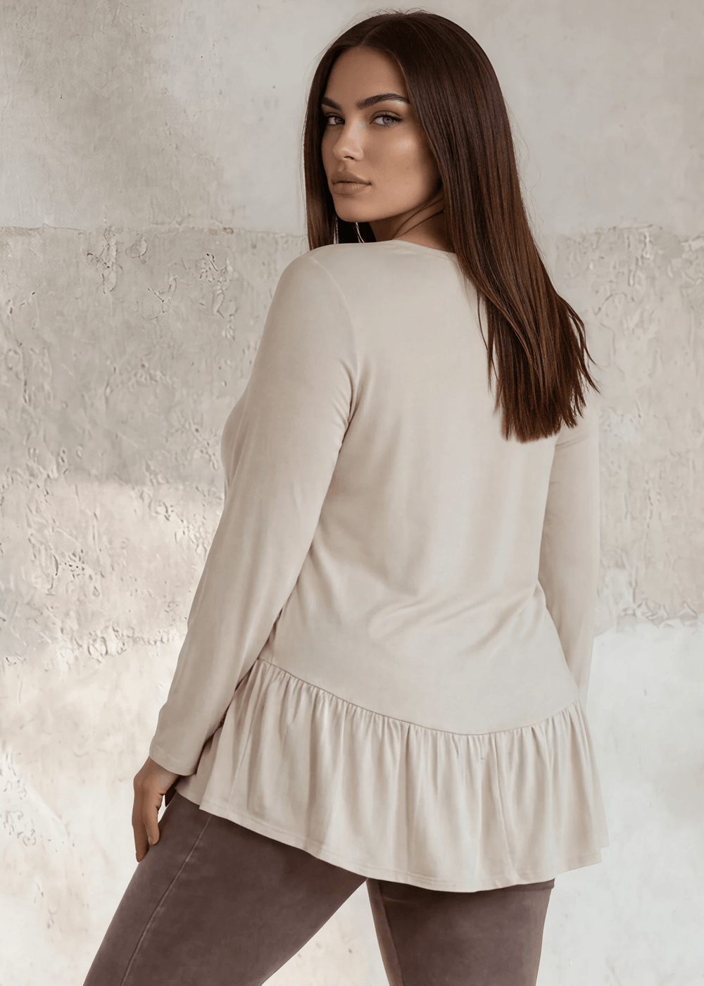 Made in USA Women's Plus Size Cream Flare Sleeve Tunic with Flounce Ruffle Hem, V-Neck, Lightweight and Flowy, Super Soft, 95% Rayon, 5% Spandex Machine Wash, Tumble Dry Low Style C11316 | Classy Cozy Cool Made in USA Boutique