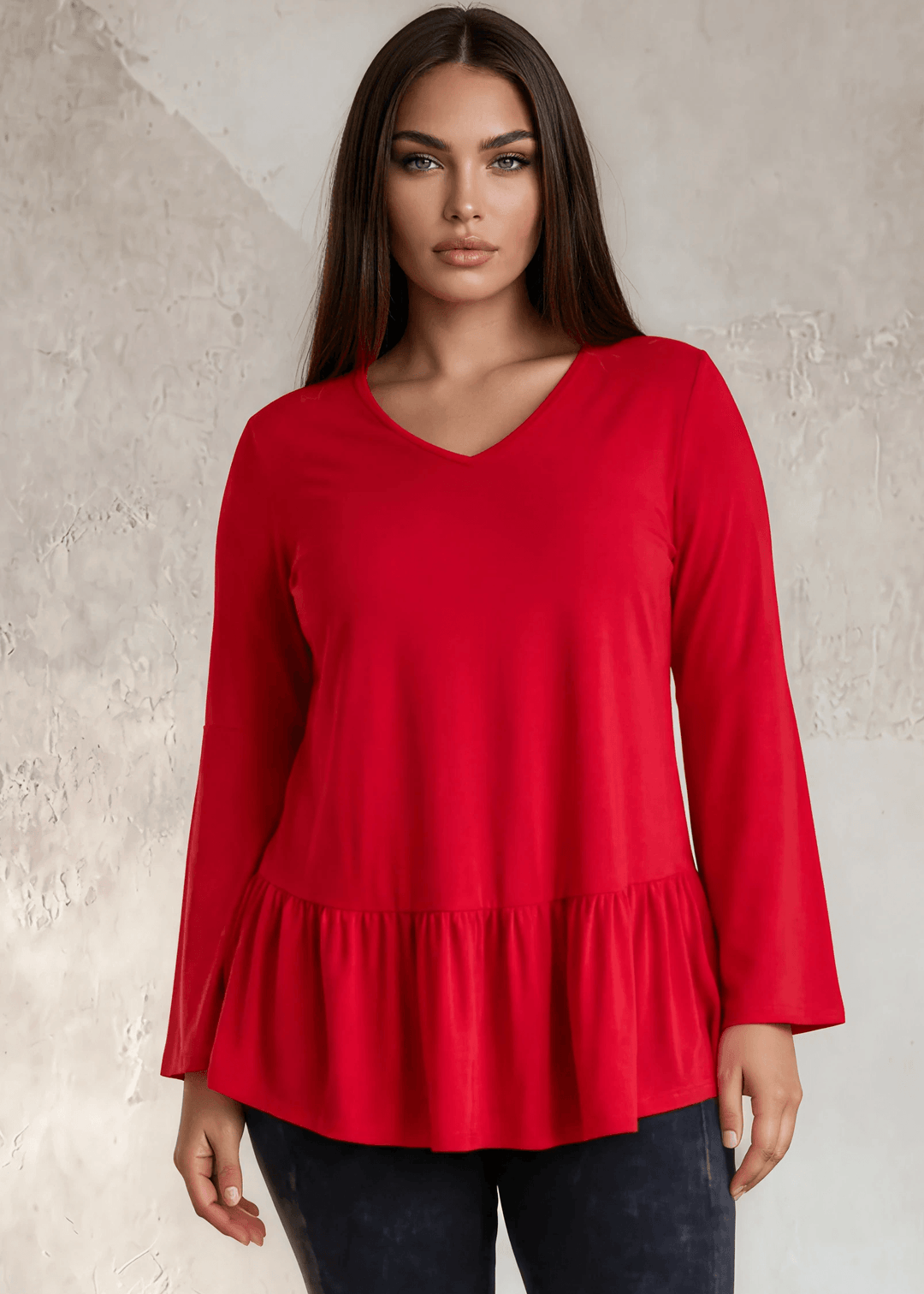 Made in USA Women's Plus Size Red Flare Sleeve Tunic with Flounce Ruffle Hem, V-Neck, Lightweight and Flowy, Super Soft, 95% Rayon, 5% Spandex Machine Wash, Tumble Dry Low Style C11316 | Classy Cozy Cool Made in USA Boutique