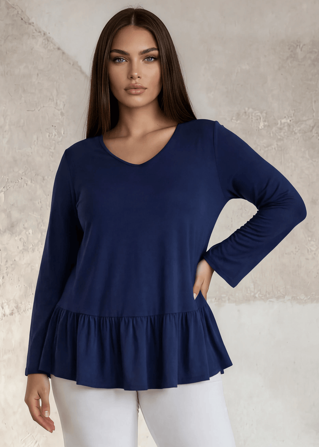 Made in USA Women's Plus Size Navy Blue Flare Sleeve Tunic with Flounce Ruffle Hem, V-Neck, Lightweight and Flowy, Super Soft, 95% Rayon, 5% Spandex Machine Wash, Tumble Dry Low Style C11316 | Classy Cozy Cool Made in USA Boutique