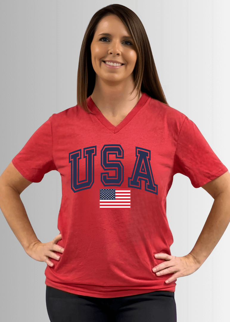 Made in USA Women's USA Graphic V-Neck Short Sleeves Longer Length, Vintage Soft Feel Tee in Cardinal Red, 50% Cotton 50% Polyester 