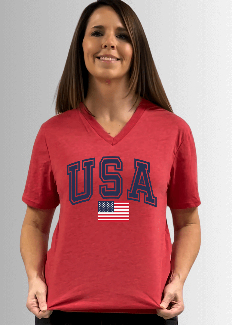Made in USA Women's USA Graphic V-Neck Short Sleeves Longer Length, Vintage Soft Feel Tee in Cardinal Red, 50% Cotton 50% Polyester 