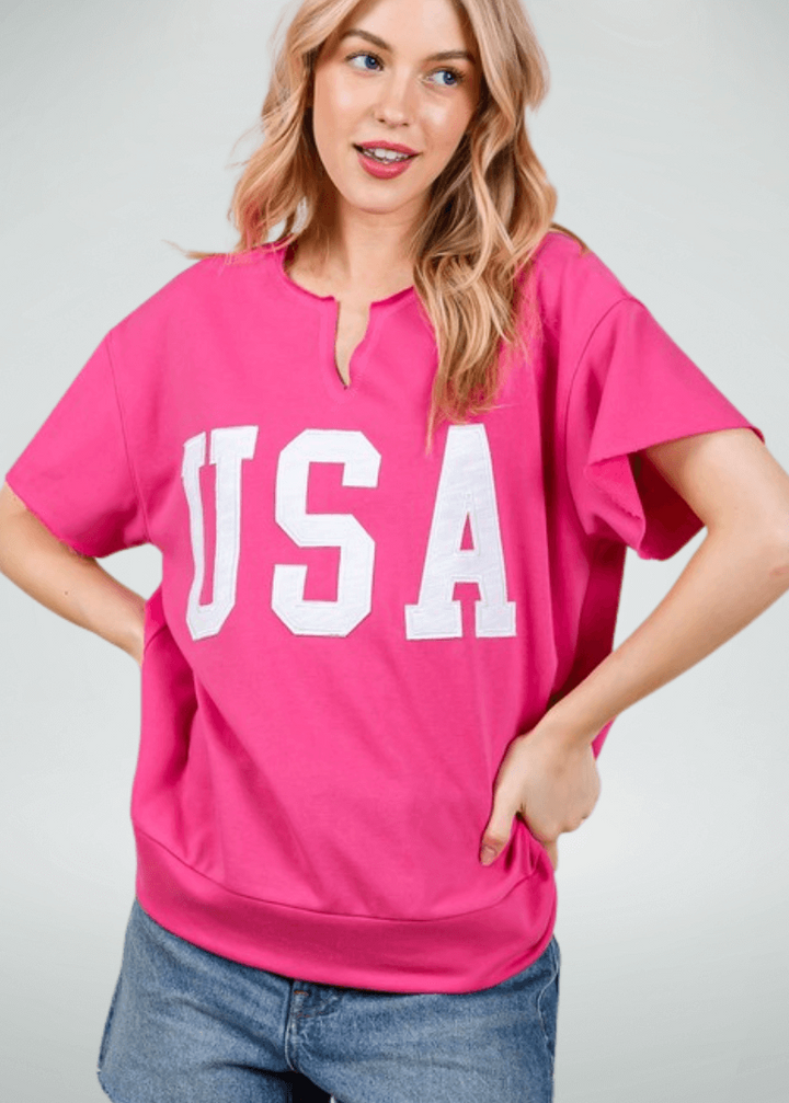 Made in USA Game Day USA Lettering Patch Short Sleeve T-Shirt, Raw edge detail, USA lettering patch for Patriotic, Olympics and Game Day in Fuchsia | Classy Cozy Cool Made in America Boutique