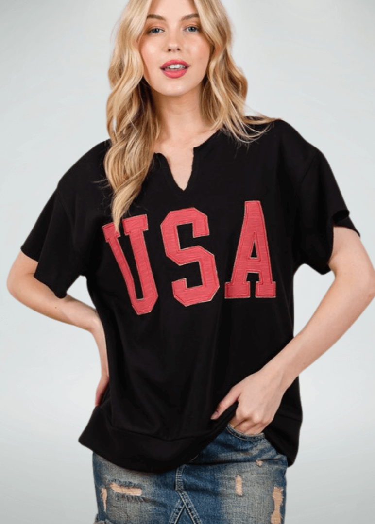 Made in USA Game Day USA Lettering Patch Short Sleeve T-Shirt, Raw edge detail, USA lettering patch for Patriotic, Olympics and Game Day in Black | Classy Cozy Cool Made in America Boutique