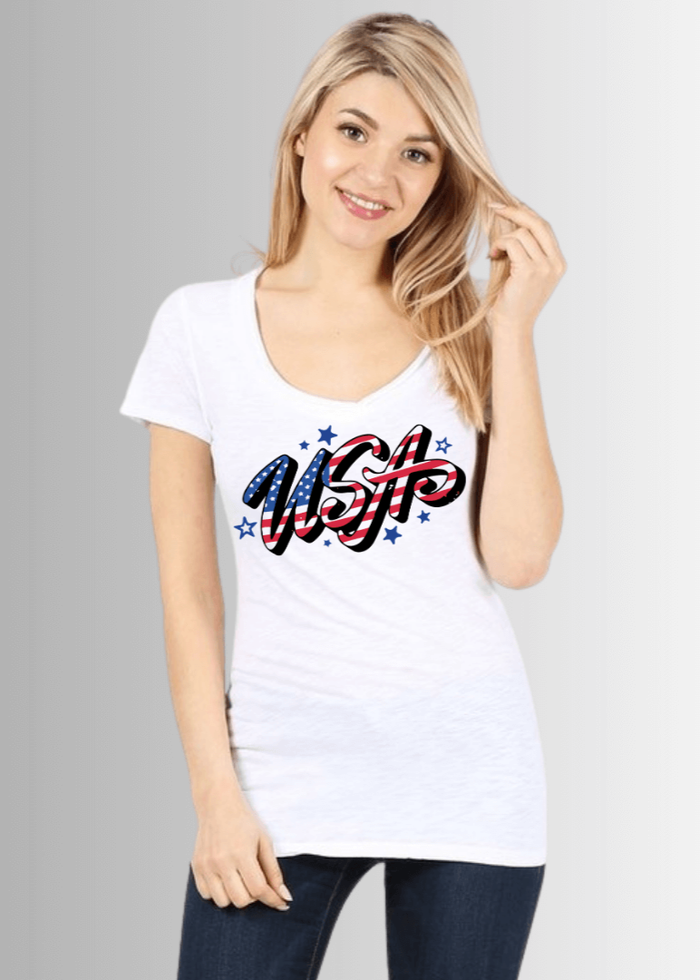 Made in USA Women's Cotton Patriotic USA Stars Graphic Fitted Tee in White | Classy Cozy Cool Made in America Boutique