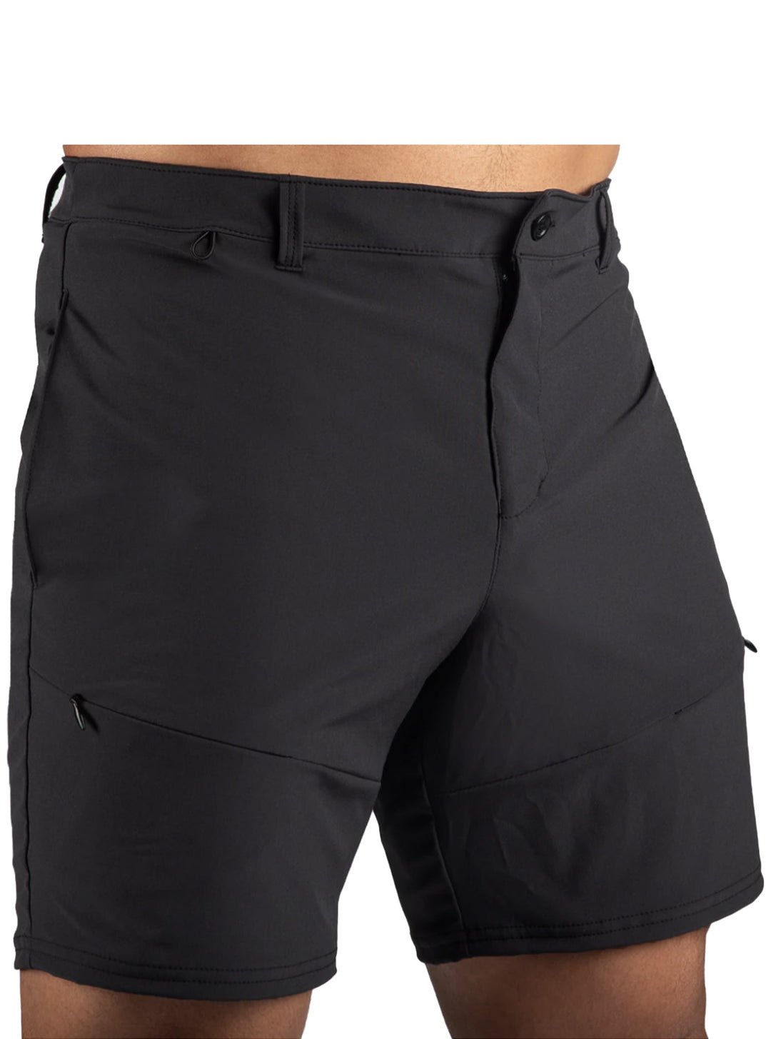WSI Sportswear Men's Woven Hiker Short in Black Made in USA, Belt Loops. Waistband loop, Zippered fly with button, Zippered front pockets Side pockets, 8" Inseam 