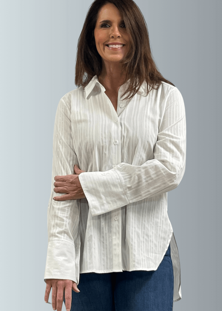 Made in USA Women's Marly Top, White top with Lurex Pinstripes, Collared, Button Down Longer Tunic Length, Relaxed Fit, High-Low Design, Side Slits | Classy Cozy Cool Made in America Boutique