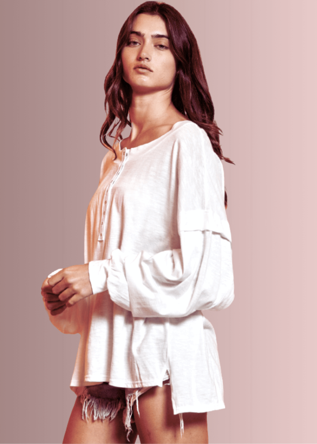 USA Made Ladies Oversized White Cotton Long Sleeve Tee with Raw Edge Detail and Snap Down Front | Bucket List Clothing Style# T1912