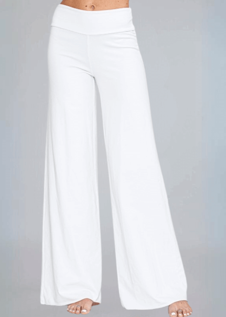 Made in USA Women's Wide Leg Flare Pants in American Made French Terry Cotton in Garment Washed White |  Style C30720 | Classy Cozy Cool Made in America Boutique
