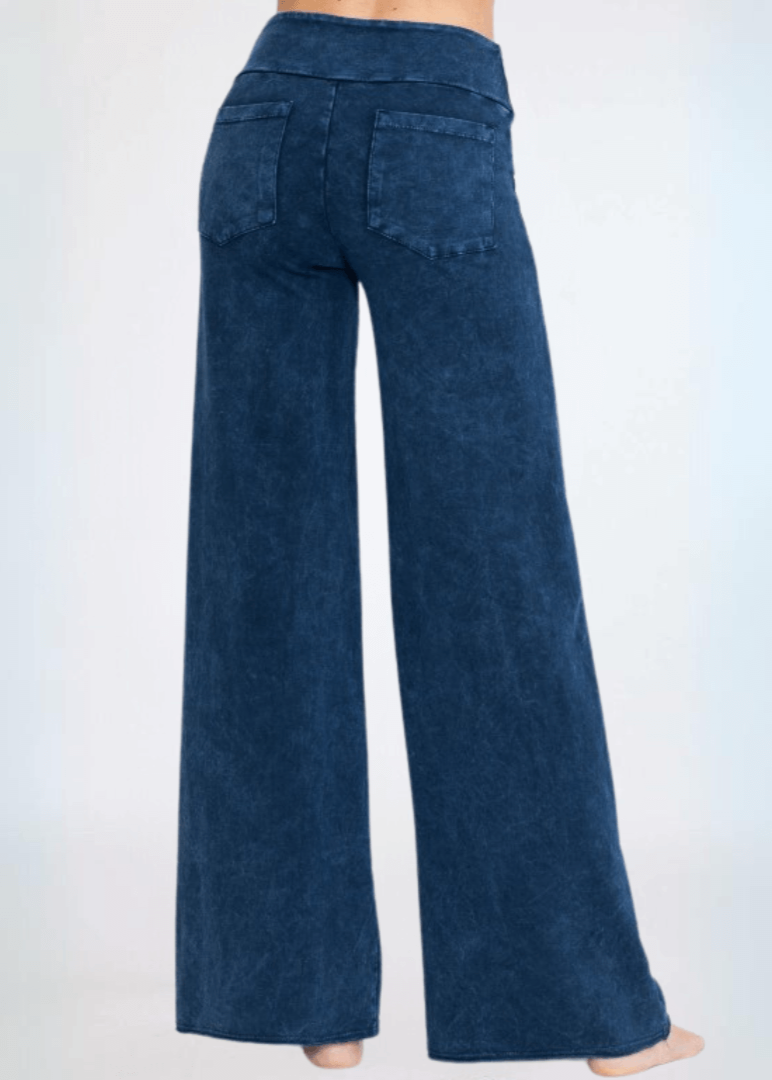 Made in USA Women's Wide Leg Flare Pants in American Made French Terry Cotton in Mineral Washed Dark Denim | Style C30720 | Classy Cozy Cool Made in America Boutique