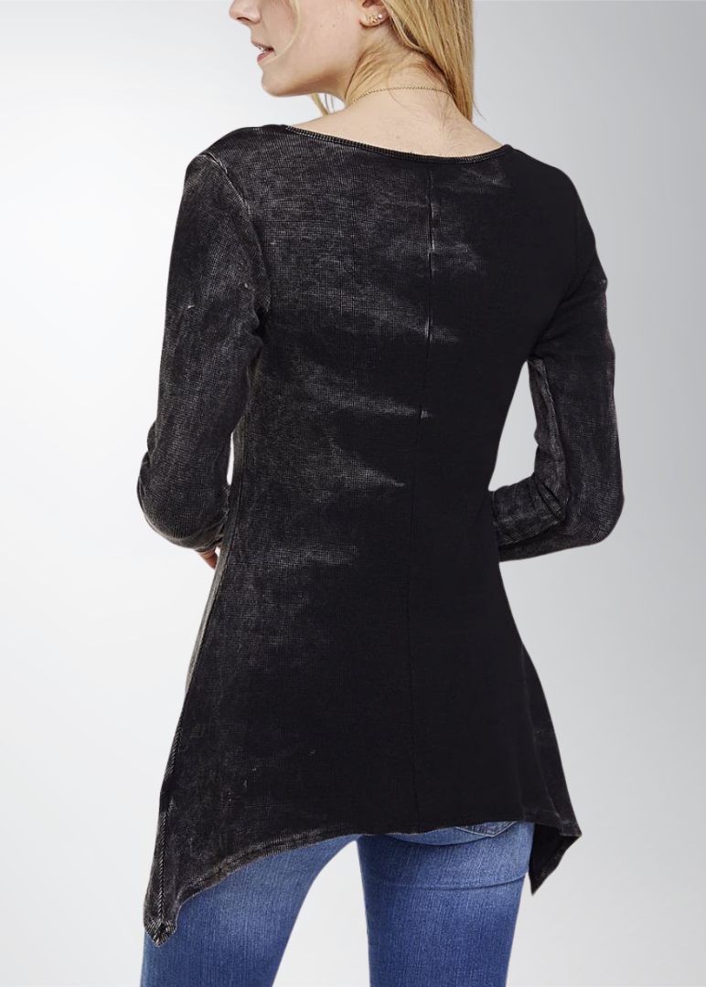 Made in USA Women's Asymmetrical Hem Tie Dye Thermal Tunic in Black/Grey Scoop Neckline, Long Sleeves, 95% Cotton 5% Spandex 