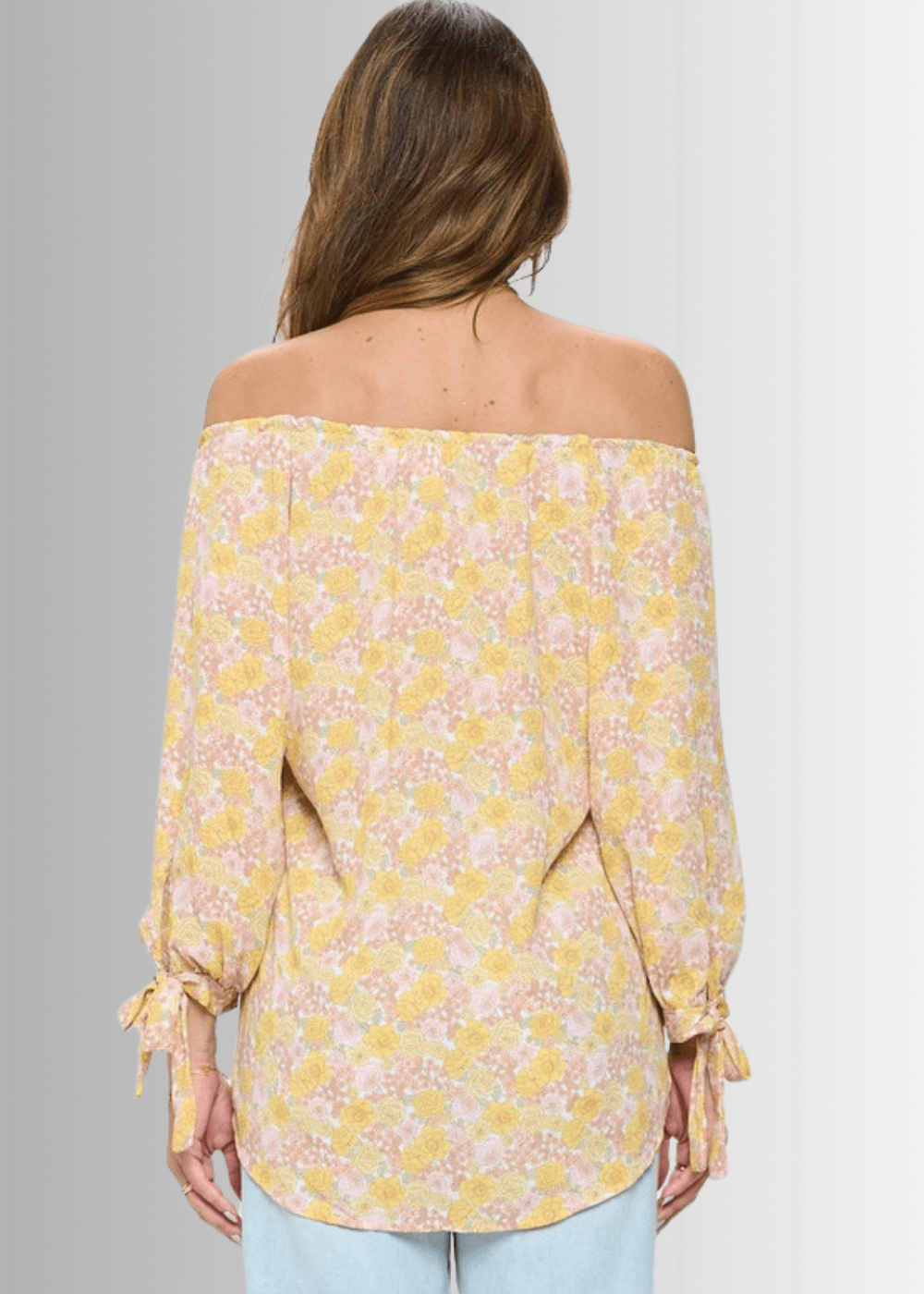 USA Made Women's Off the Shoulder Yellow Floral Top with Tie Sleeve Detail | Renee C Style# 3499TPI | Classy Cozy Cool Women's Made in USA Boutique