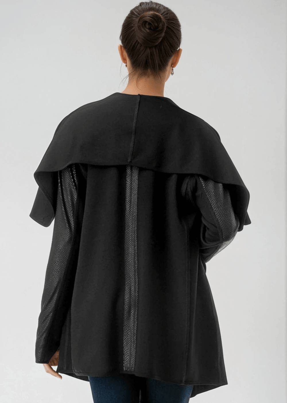Made in USA Trendy Unique Women's Black Open Front Jacket with Faux Leather Sleeves, Thumbholes, Snap Lapel Closure and Side Pockets | Classy Cozy Cool Women's Made in America Clothing Boutique