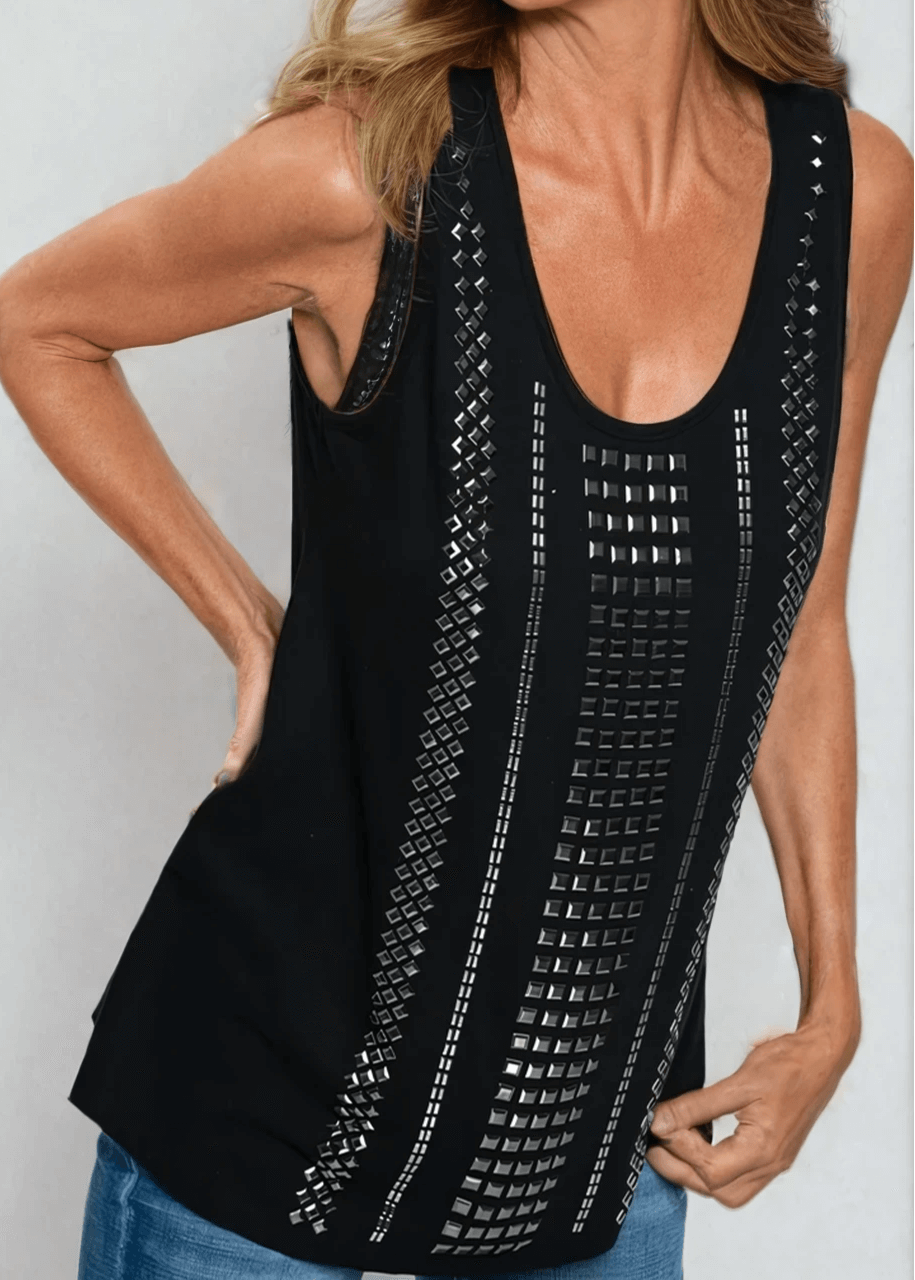 Made in USA Women's Studded Cotton Tank Top, Round Scoop Neck, Perfect for Layering Available in Heather Gray and Black, Lightweight, Studded Detail