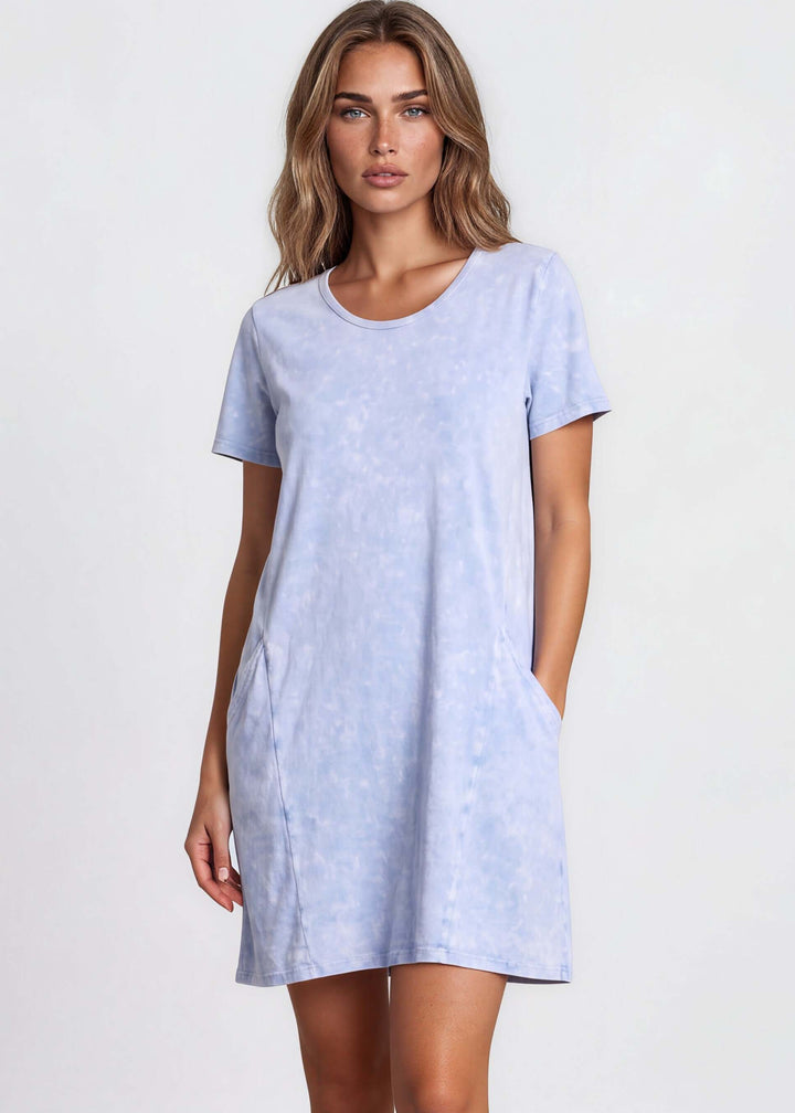 USA Made Ladies Mineral Washed Casual Cotton Short Sleeve Above Knee Length Dress with Pockets | Style