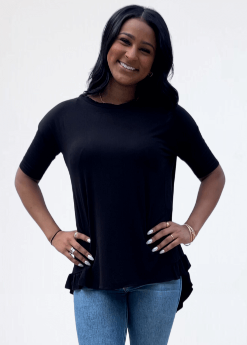 Made in USA Women's Bamboo Ruffle Hem Short Sleeve High Low Tunic Top with Boat Neckline in Black | Classy Cozy Cool Made in America Boutique