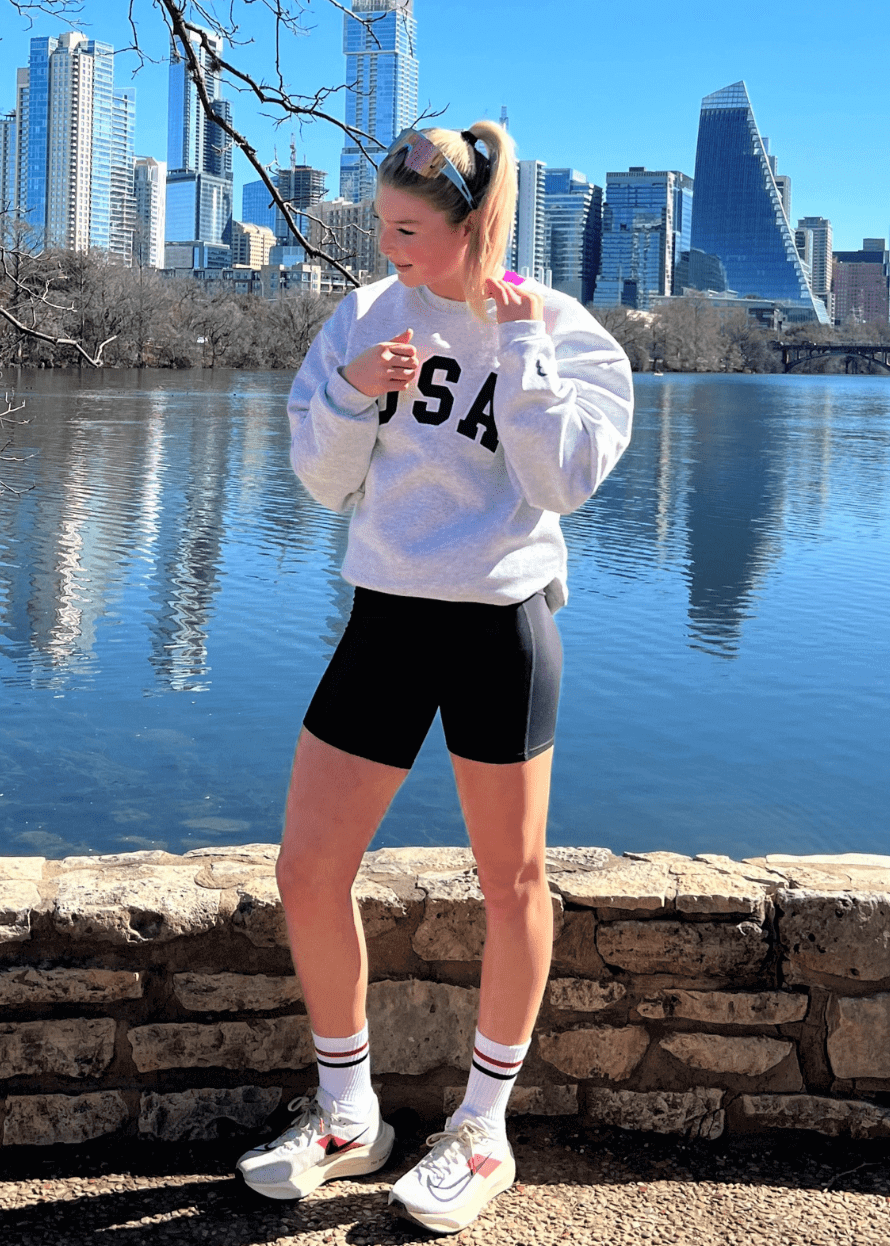 Made in USA Boathouse Patriotic Unisex Oversized Crew Neck USA Graphic Sweatshirt in Light Gray with Navy Blue USA Graphic