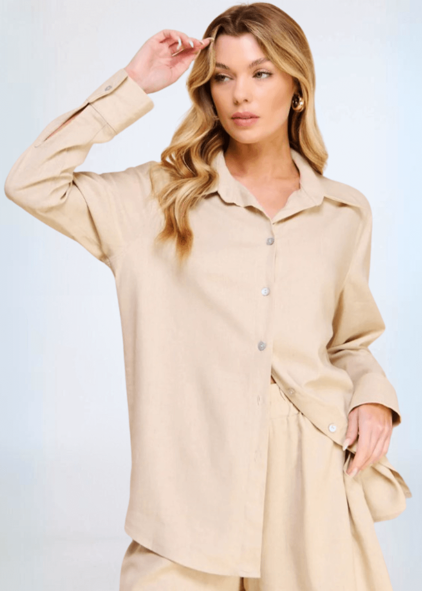 Made in USA Women's All Season Linen Blend Relaxed Fit Collared Button Down Long Sleeve Top in Natural Tan | If She Loves Style ISJK1250A | Classy Cozy Cool Women's Made in America Boutique