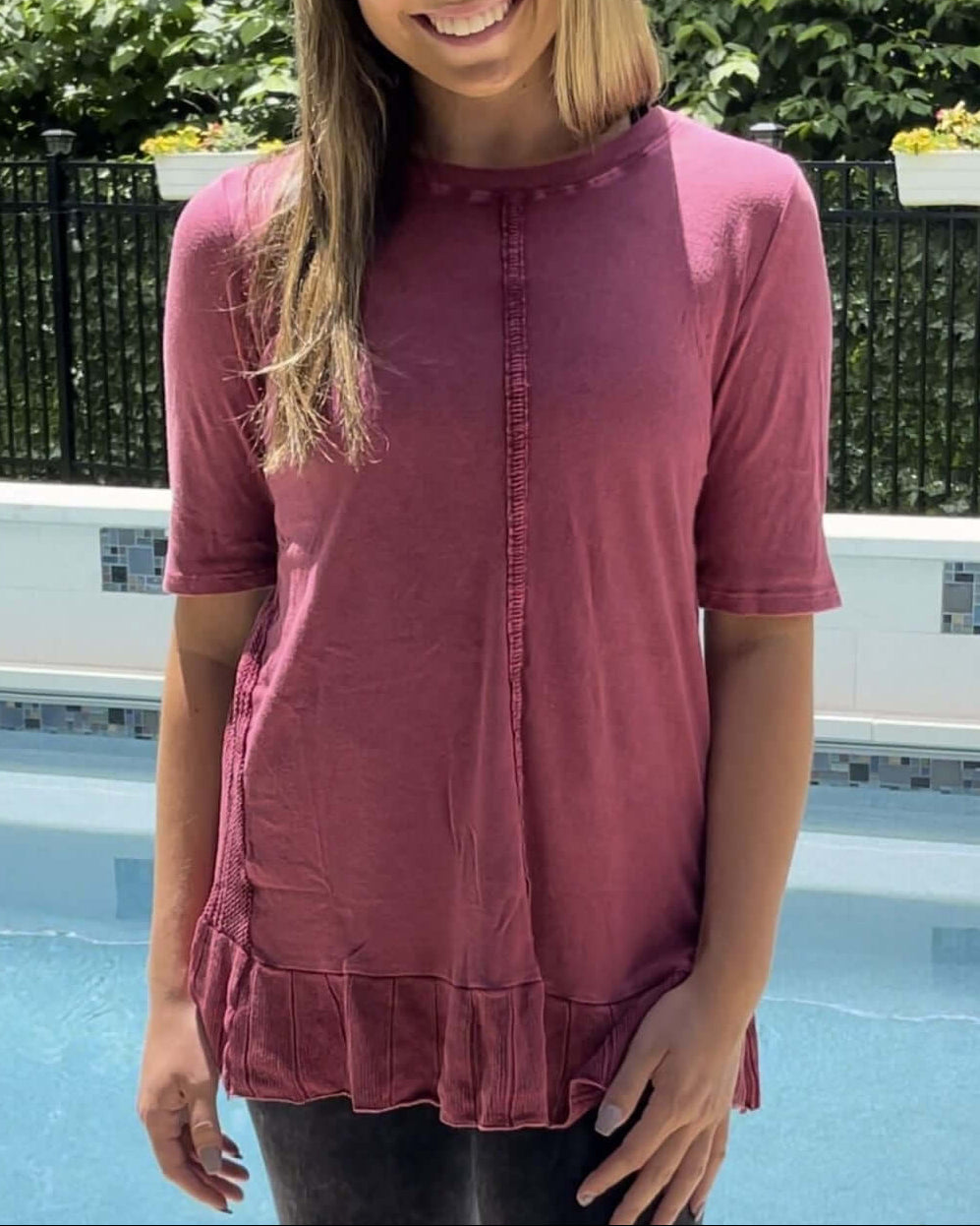 USA Made Feminine Flare Ladies Mineral Washed Tunic with Ruffle Hem &amp; Pointelle Knit Back made of 50% Cotton &amp; 50% Modal | Classy Cozy Cool Women&