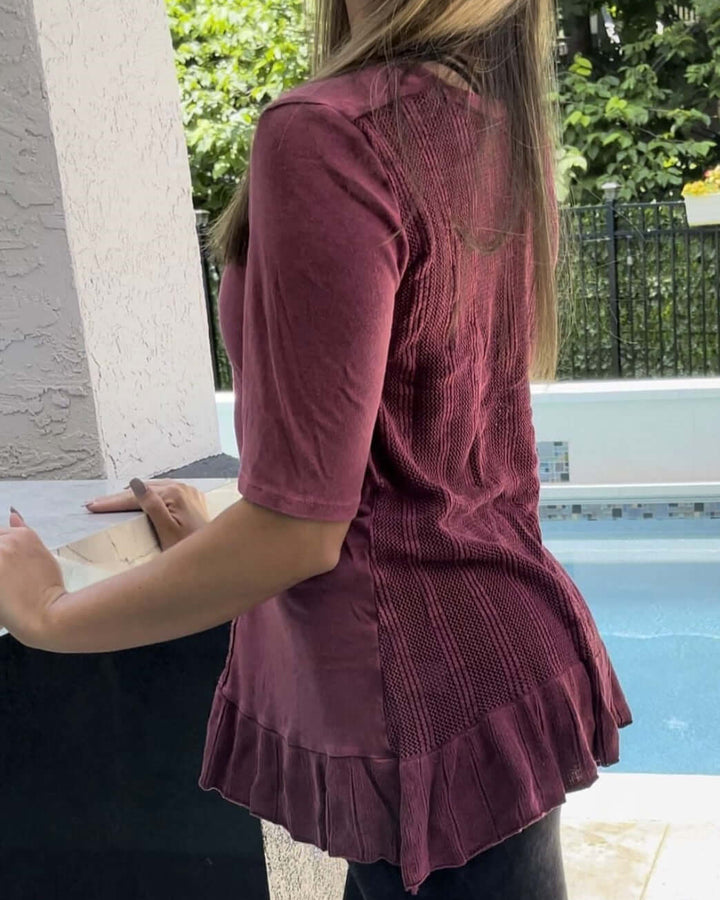 USA Made Feminine Flare Ladies Mineral Washed Tunic with Ruffle Hem &amp; Pointelle Knit Back made of 50% Cotton &amp; 50% Modal | Classy Cozy Cool Women&