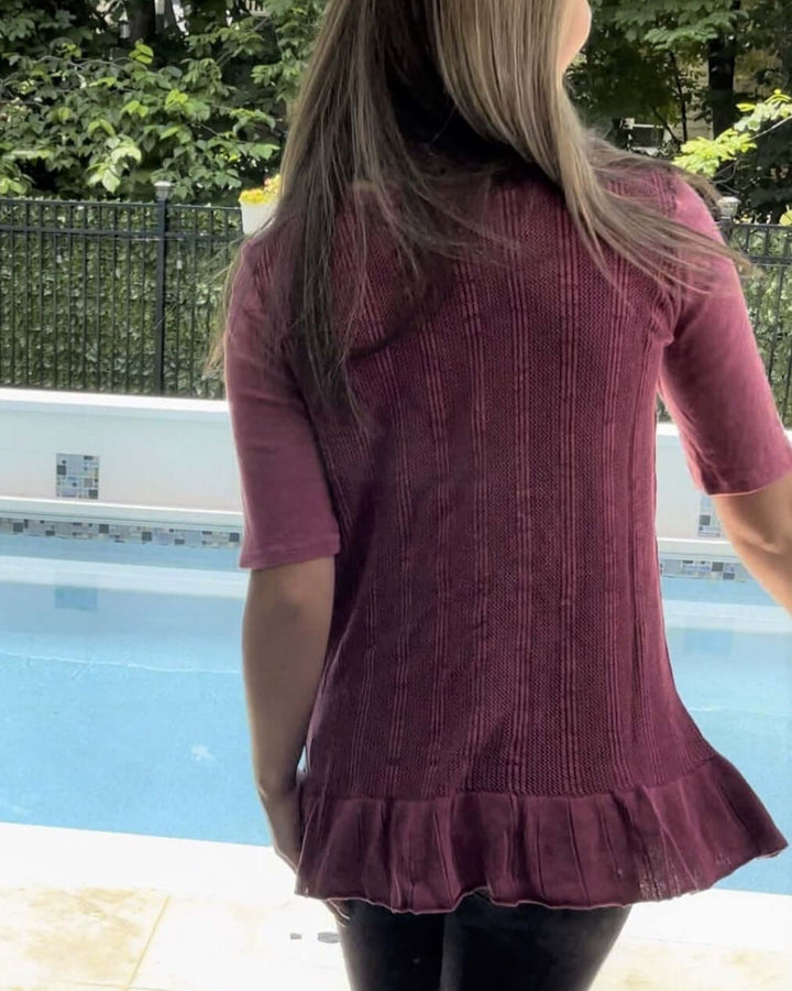 USA Made Feminine Flare Ladies Mineral Washed Tunic with Ruffle Hem &amp; Pointelle Knit Back made of 50% Cotton &amp; 50% Modal | Classy Cozy Cool Women&