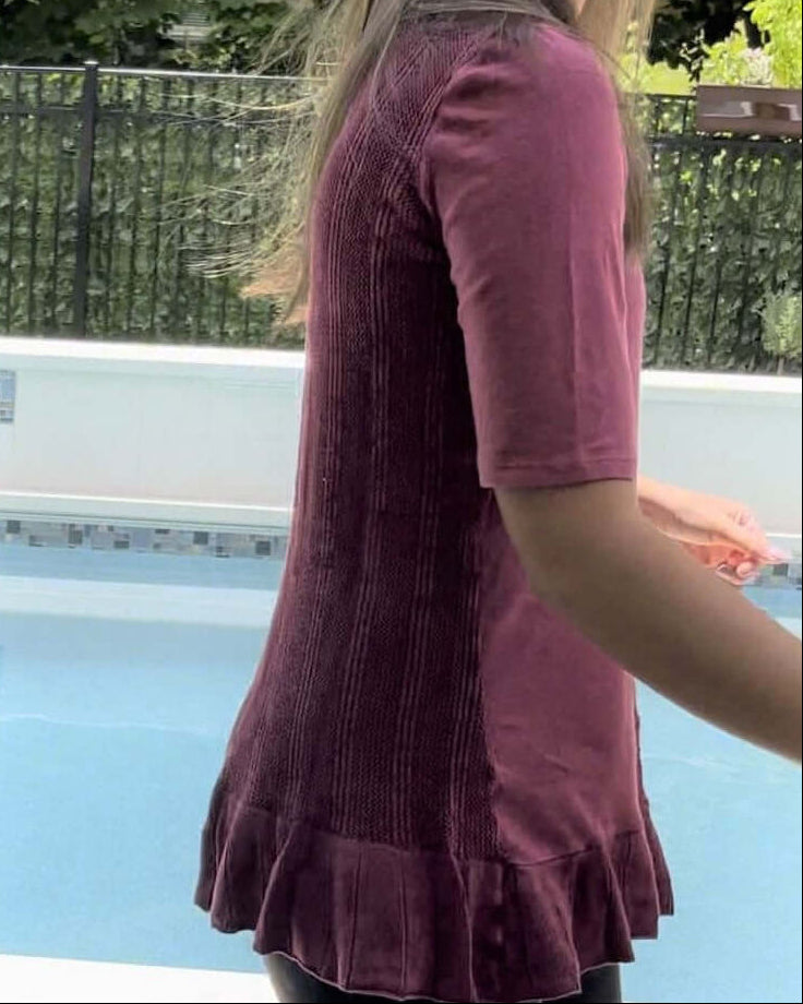 USA Made Feminine Flare Ladies Mineral Washed Tunic with Ruffle Hem &amp; Pointelle Knit Back made of 50% Cotton &amp; 50% Modal | Classy Cozy Cool Women&