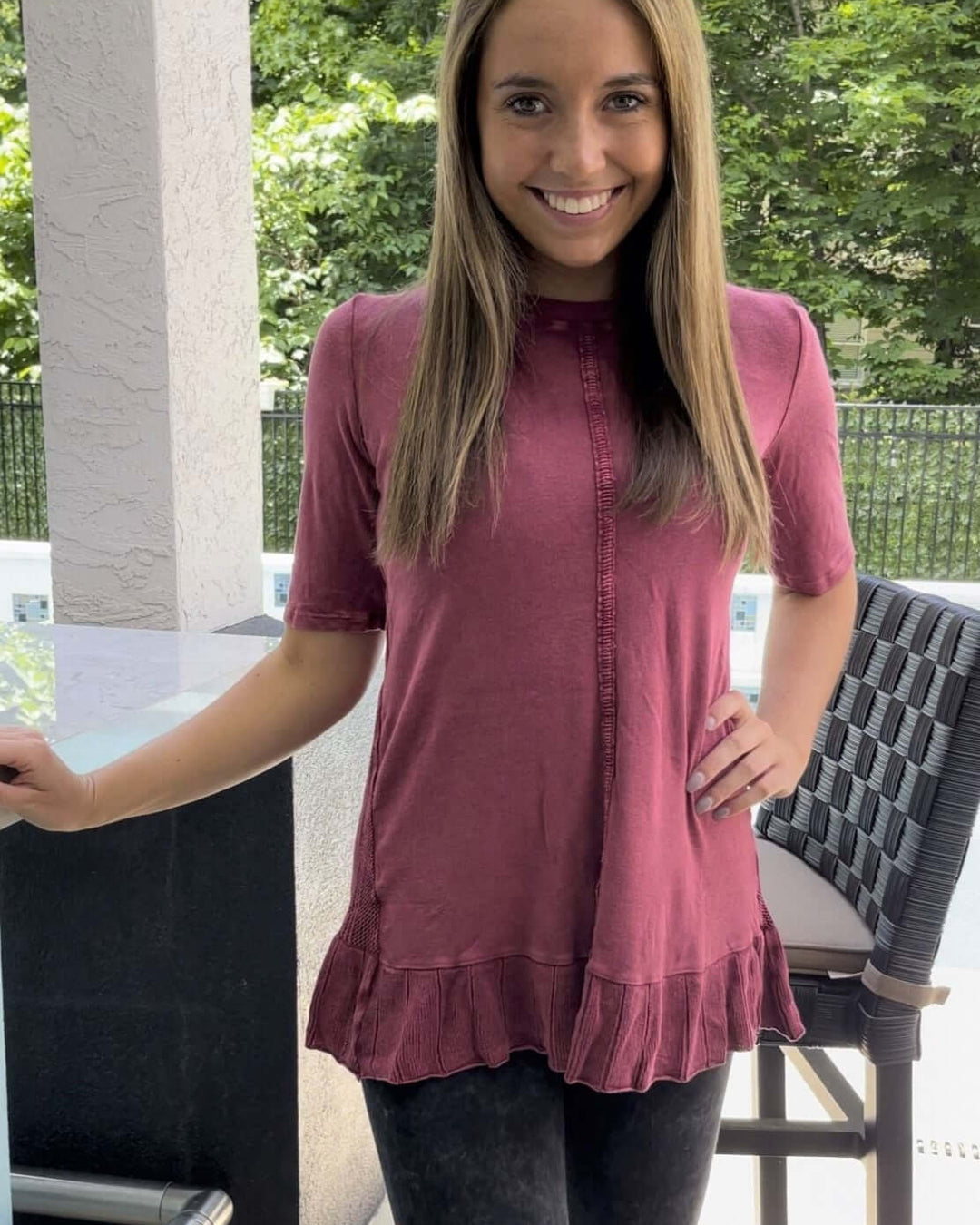 USA Made Feminine Flare Ladies Mineral Washed Tunic with Ruffle Hem &amp; Pointelle Knit Back made of 50% Cotton &amp; 50% Modal | Classy Cozy Cool Women&