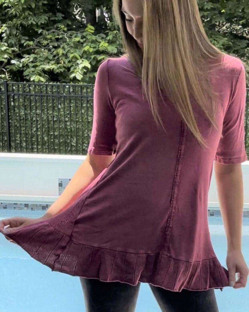 USA Made Feminine Flare Ladies Mineral Washed Tunic with Ruffle Hem & Pointelle Knit Back made of 50% Cotton & 50% Modal | Classy Cozy Cool Women's Made in America Clothing Boutique