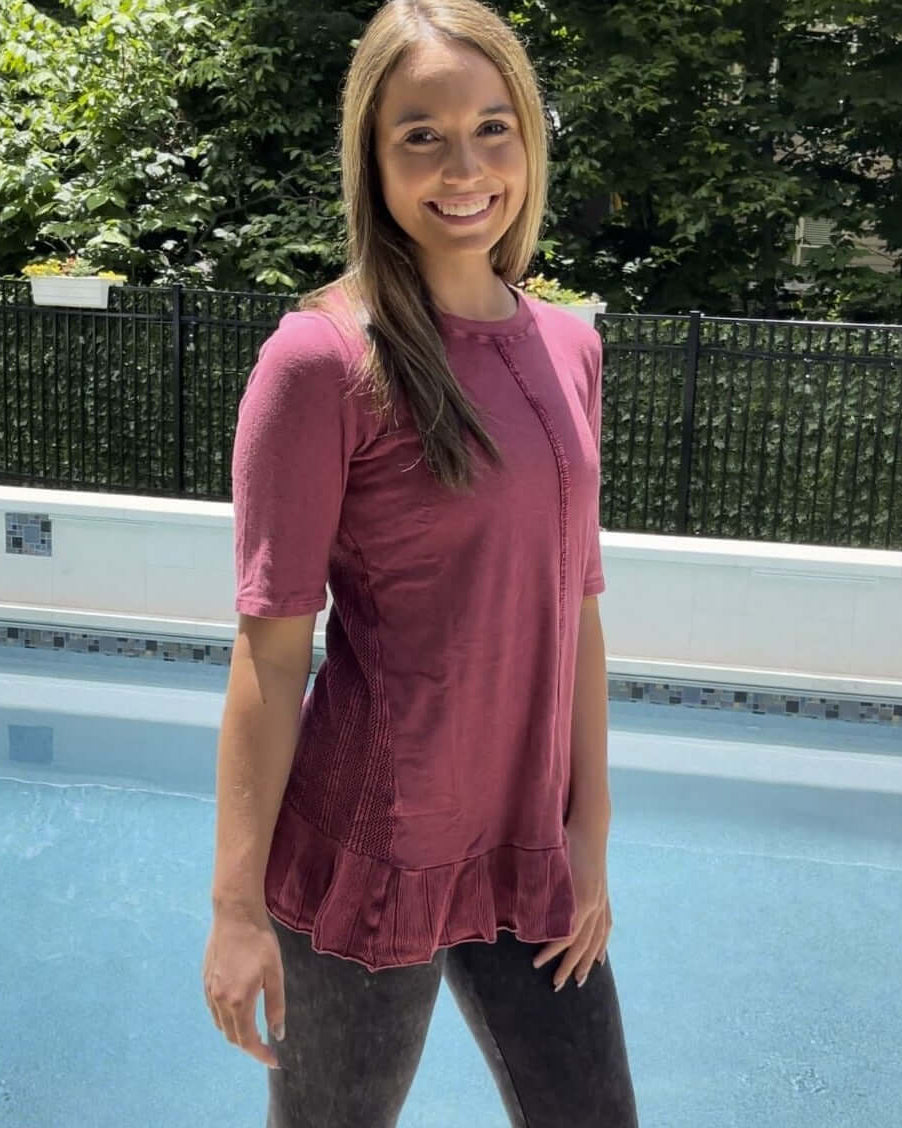 USA Made Feminine Flare Ladies Mineral Washed Tunic with Ruffle Hem &amp; Pointelle Knit Back made of 50% Cotton &amp; 50% Modal | Classy Cozy Cool Women&