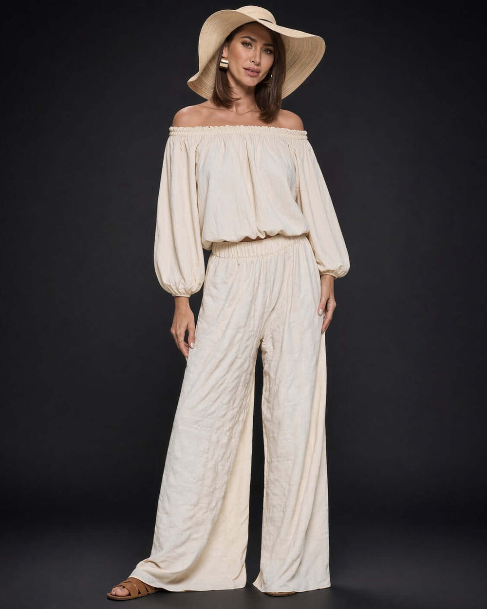 Made in USA Women's Textured Cream Wide Leg Palazzo Pants with Elastic Waist | Renee C Style 4789PT | Classy Cozy Cool Made in America Boutique