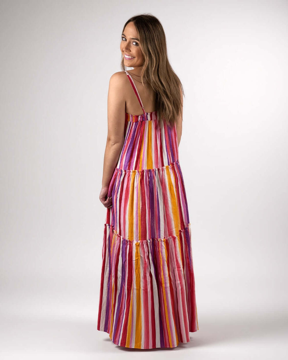 Made in USA Women's Striped Maxi Tiered Sun Dress with Adjustable Straps and Ruffle Detail in this Dress: Lavender, Coral, Pink, Orange, White | Classy Cozy Cool Made in America Boutique