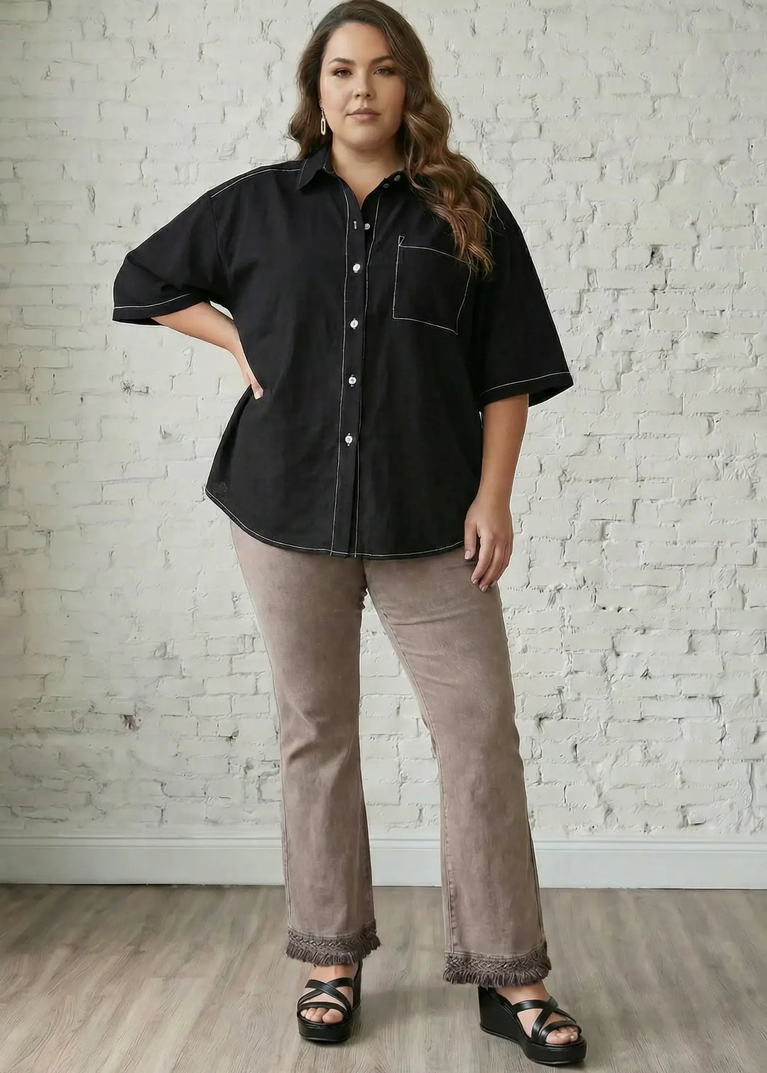 Mineral Washed Crochet Fringe Hem Pants in Plus Size (Desert Taupe), detail view, women&