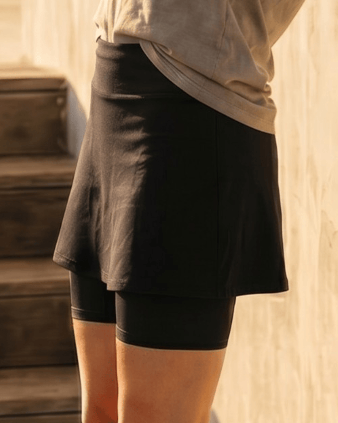 Scottsdale Skort — a high-waist skort with built-in biker shorts, hidden pocket, and 95% organic cotton. Grown, milled & sewn in the USA.  Made by Jenny J USA