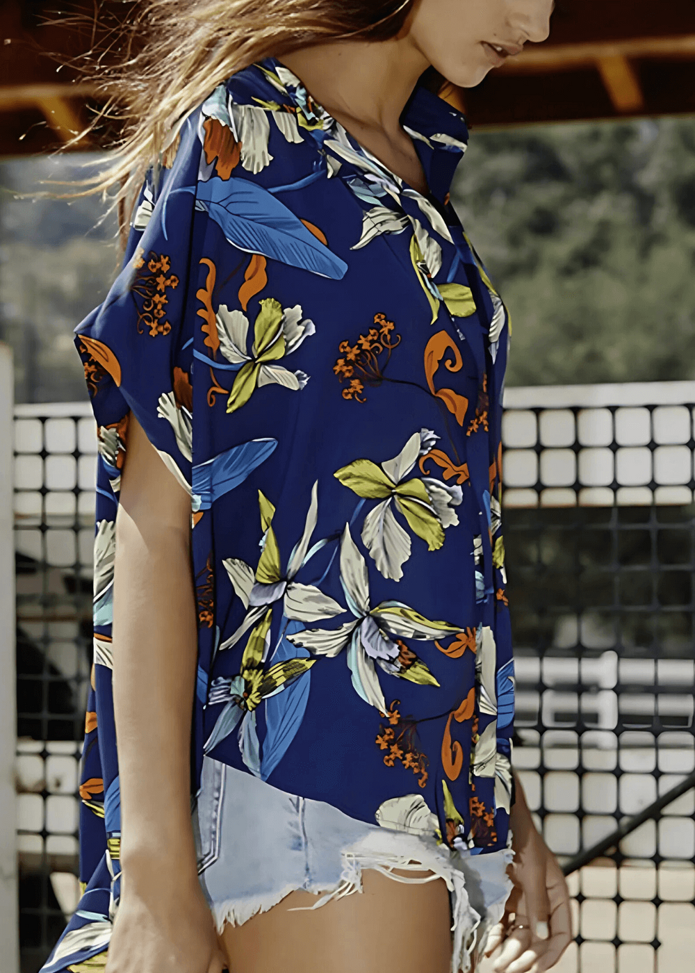 Bucket List Style T1702 Ladies Button Down Hidden Placket High Low Top in Navy Blue Tropical Print | Made in USA | Women's Clothing Made in America
