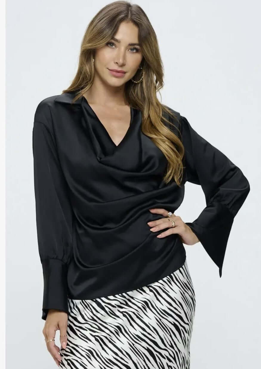 Made in USA | Renee C Style# 4586TP | Ladies Long Sleeve Ladies Dressy Satin Cowl Neck Top with Split Cuffs in Black | Classy Cozy Cool Women's Made in America Clothing Boutique