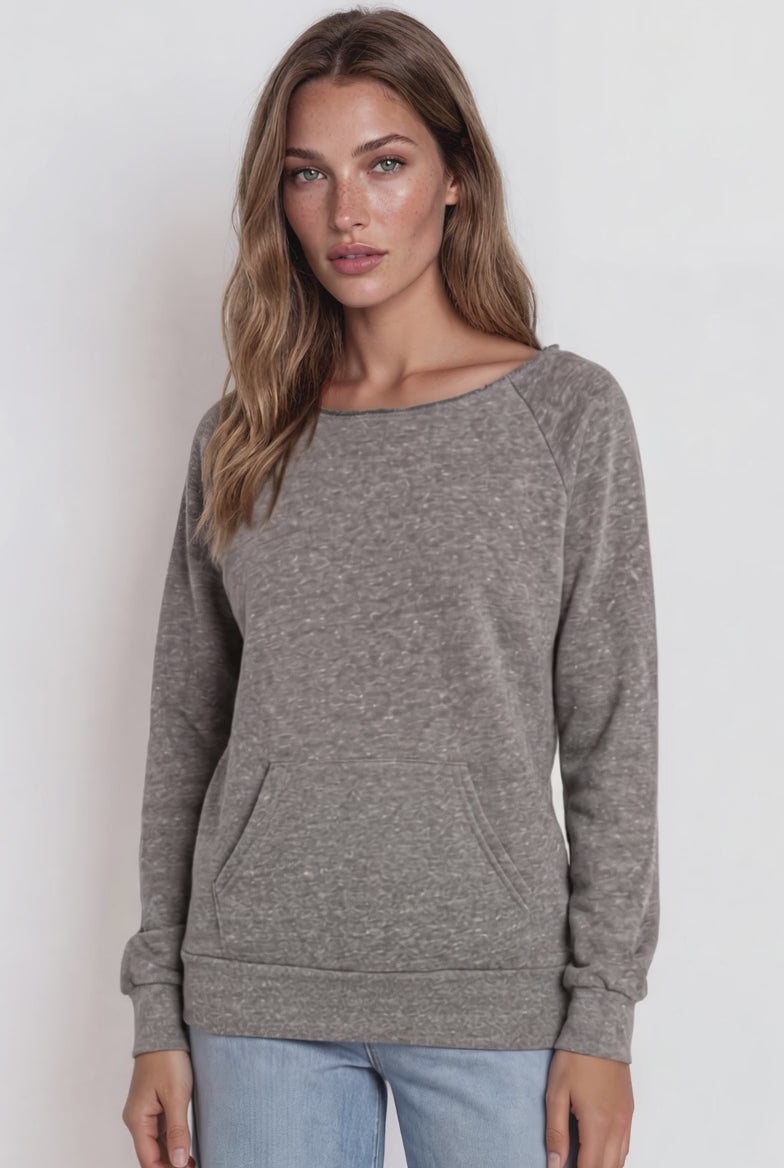 Made in USA women's gray tri-blend fleece raglan sweatshirt with raw edge neckline and pouch pocket,
