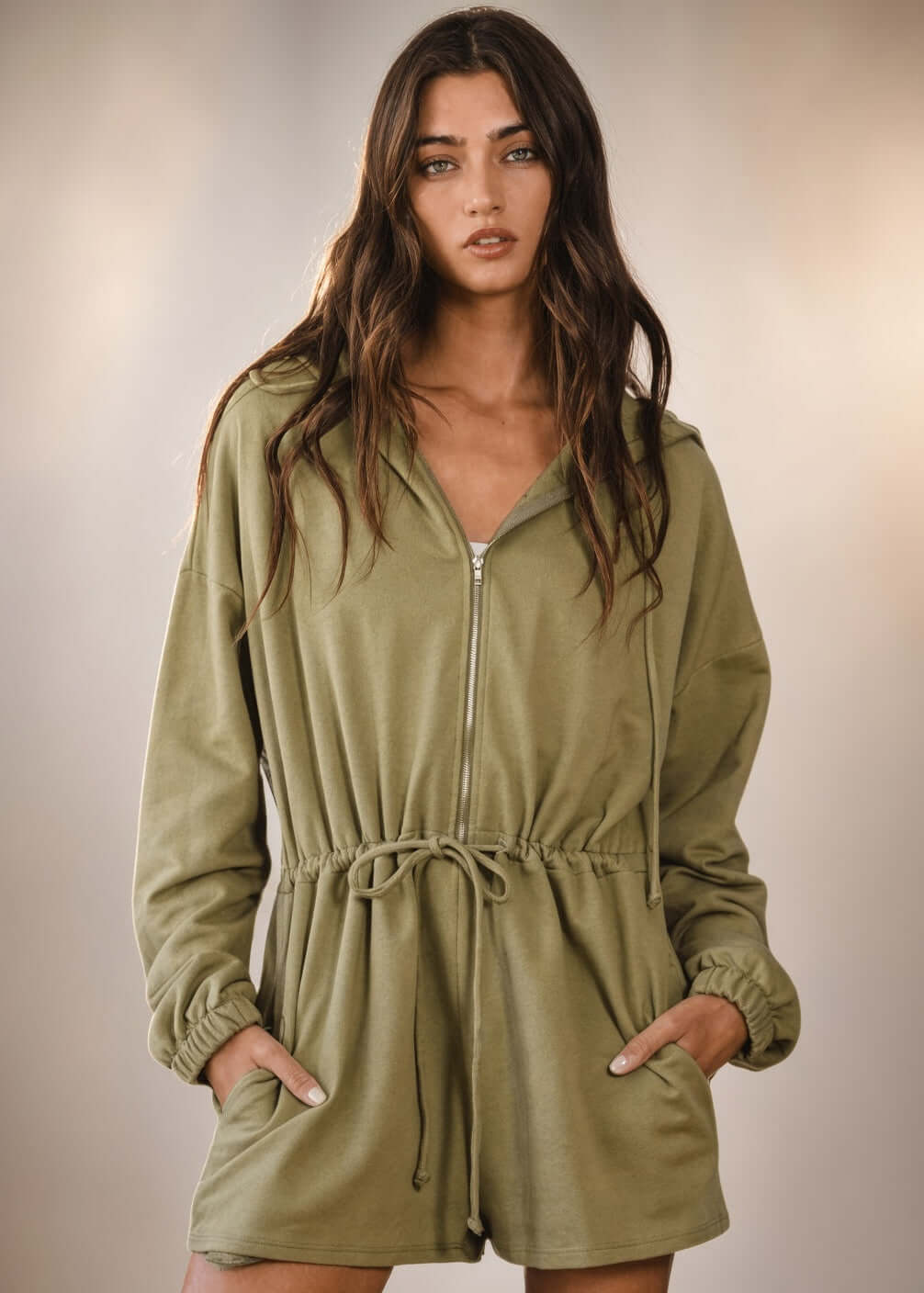 Made in USA Bucket List Clothing Style R5406 Women's Cotton Long Sleeve Drawstring Hoodie Half Zip Romper in Light Army Green | Classy Cozy Cool Made in America Boutique