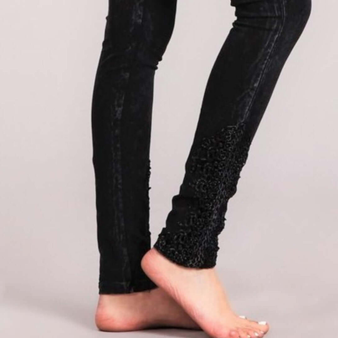 Mineral Washed Jeggings Crochet Ankle Detail - Clearance Final Sale