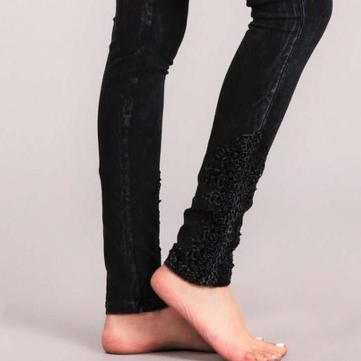 Mineral Washed Jeggings Crochet Ankle Detail - Clearance Final Sale