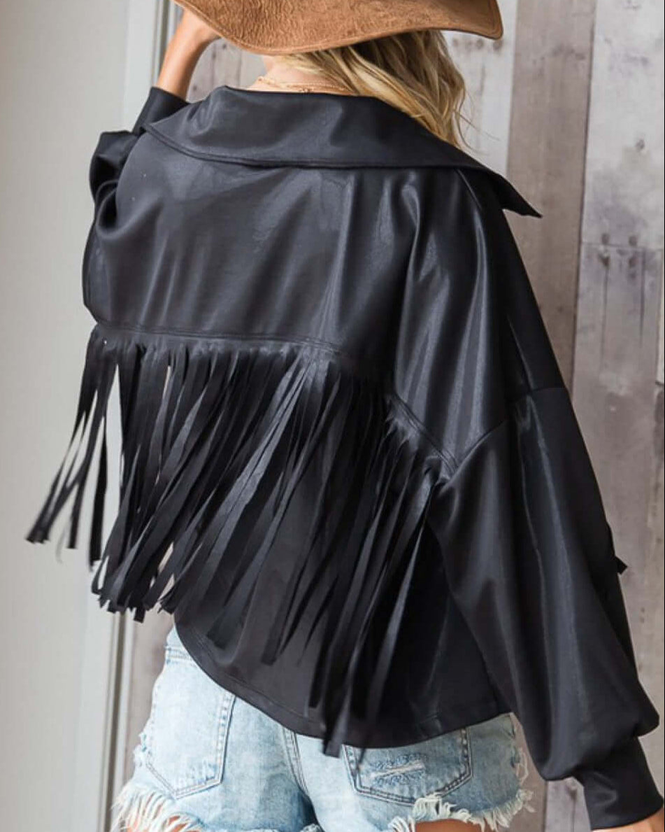 Bucketlist Clothing | Brand: Bucket List | Fringe Detail Black Open Front Cropped Jacket Style # T1548A  | Made in USA | Classy Cozy Cool Women's Clothing Boutique