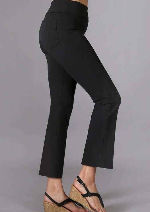 Chatoyant Plus Size Black Capri Stretch Pants with Slight Bell Flare & Back Pockets | Style# P30687 | Made in USA | Classy Cozy Cool American Boutique
