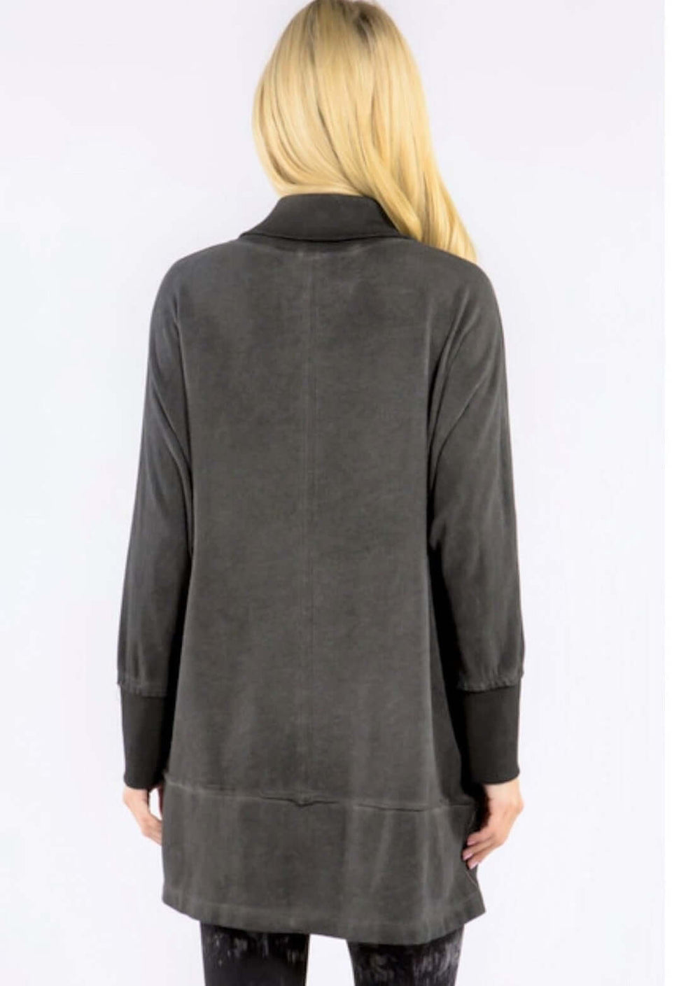 USA Made Ladies Oil Washed Premium French Terry Tunic with Front Pocket in Charcoal Gray Color |  M. Rena Style# S5037 | Women's Made in America Clothing